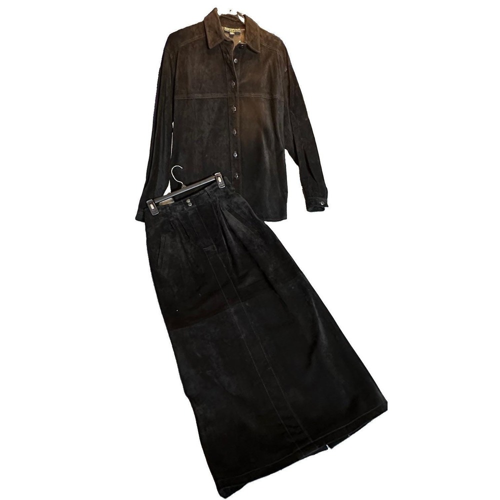 Genuine Leather Suede Black Long Skirt & Button Top Suit Set Matching VTG